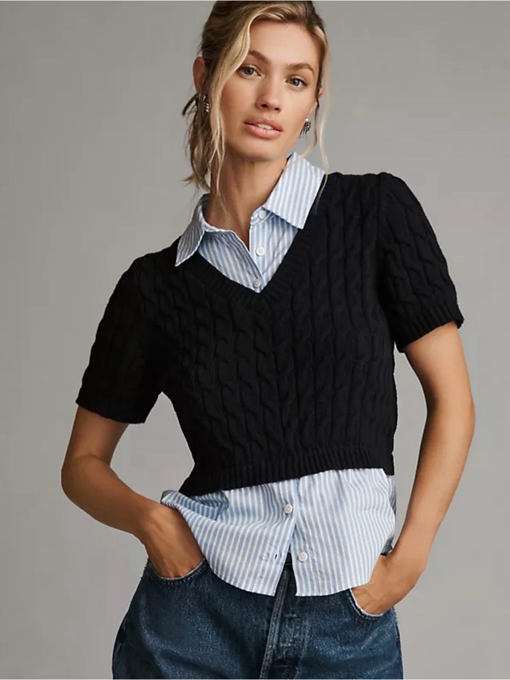 Anthropologie Navy Cable Knit Sweater with Blue-White Striped Collar